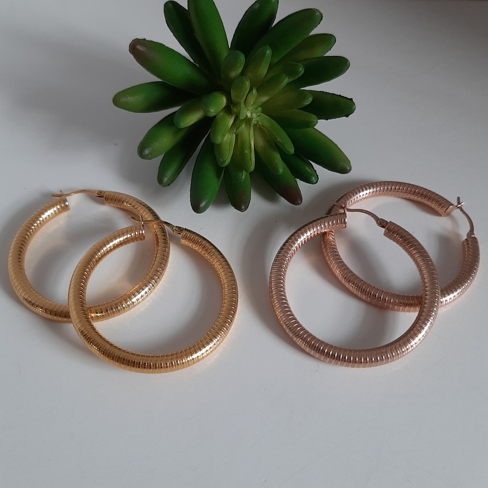 Sterling Silver 1.5" Gold & Rose Gold Toned Etched Coil Tube Hoop Earrings Set